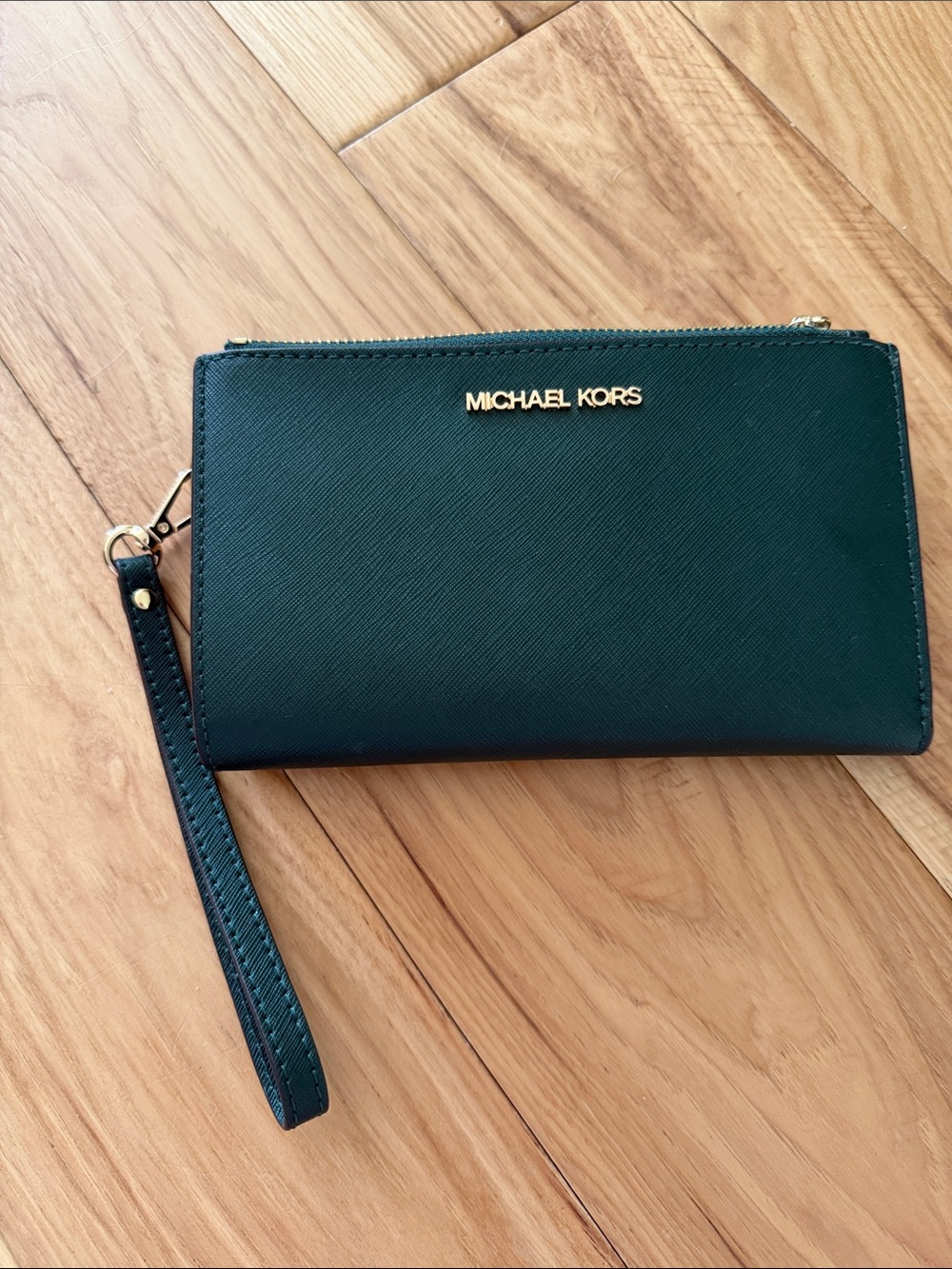 Michael Kors Forest Green Saffiano Leather Wristlet with Gold Hardware
